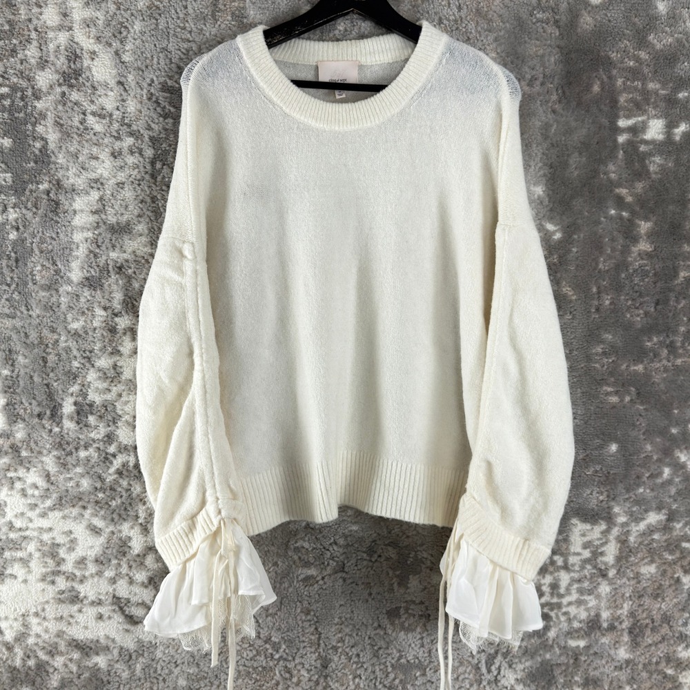 Cinq a Sept Sz M Wool Blend Ruffle Silk Cuff Pullover Sweater Ivory Long Sleeve - Picture 1 of 8